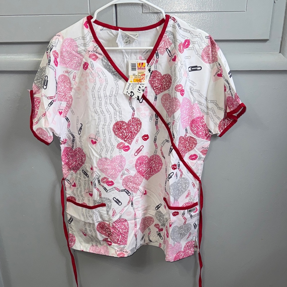 UA Scrubs Women's Pink & White Heart Print Scrub Top